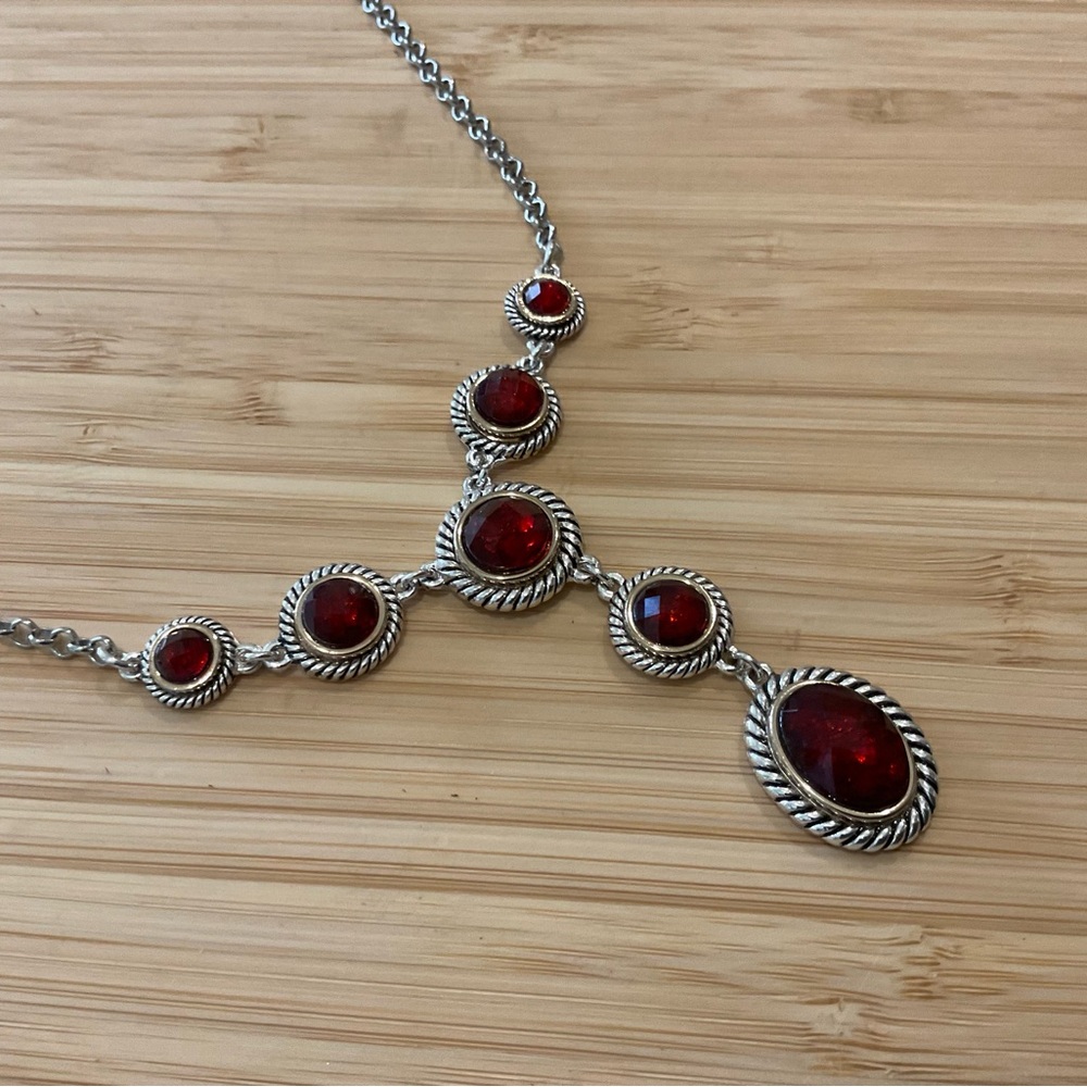 Elegant Silver and Red Gemstone 18” SCROLL Necklace NWT